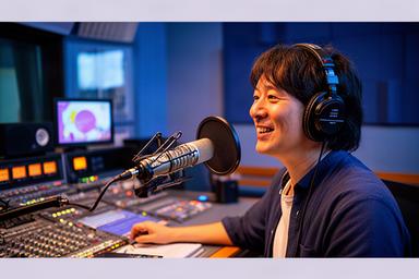 ラジオ放送スタジオで DJ がマイクに向かって話す様子。白鷹町のスタジオで地域ニュースを収録している場面。